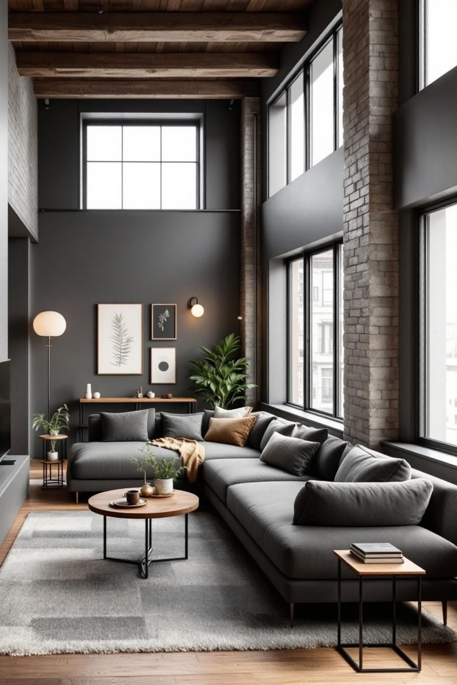 Japandi-style living room with a grey sectional and wooden accents