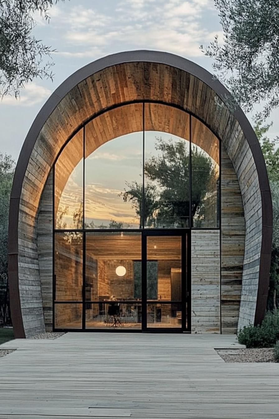 arch house with reclaimed wood siding full glass front