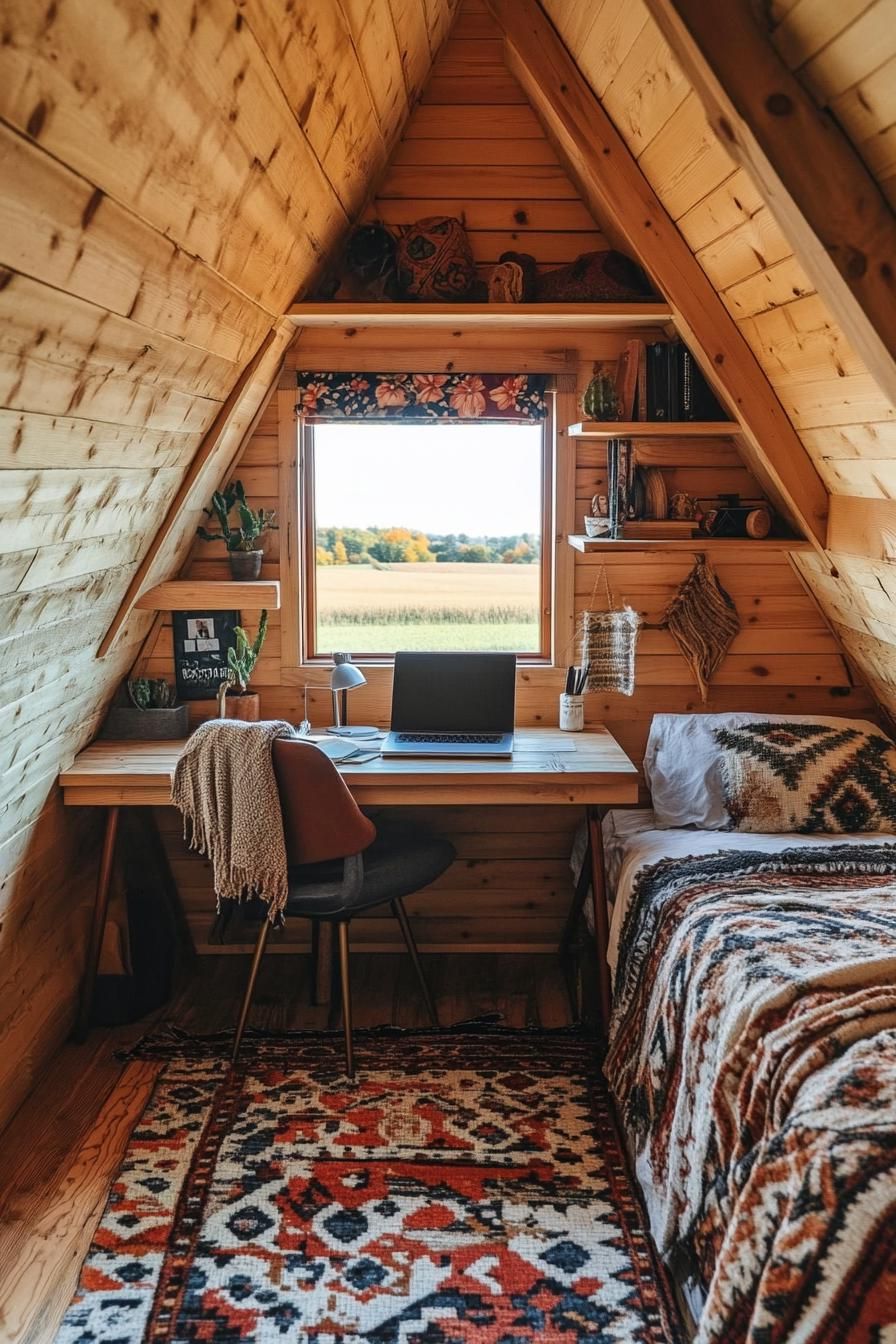 interior of a small wooden cabin a frame ceiling a bed with shelves above a desk with a laptop shelves above desk office chair with throw blanket 3