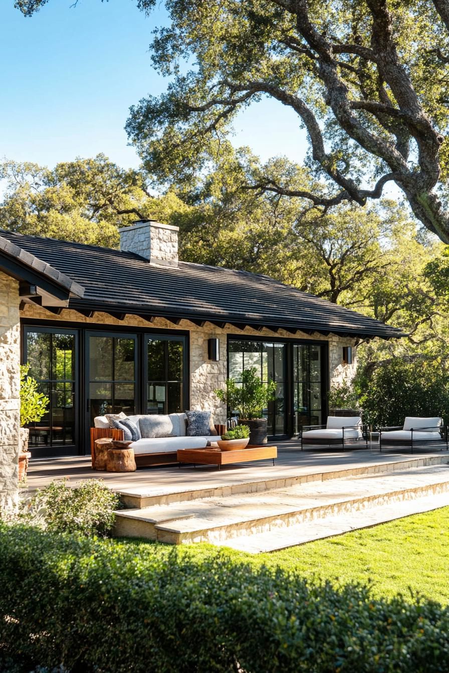 Modern brick house with large patio and lush trees