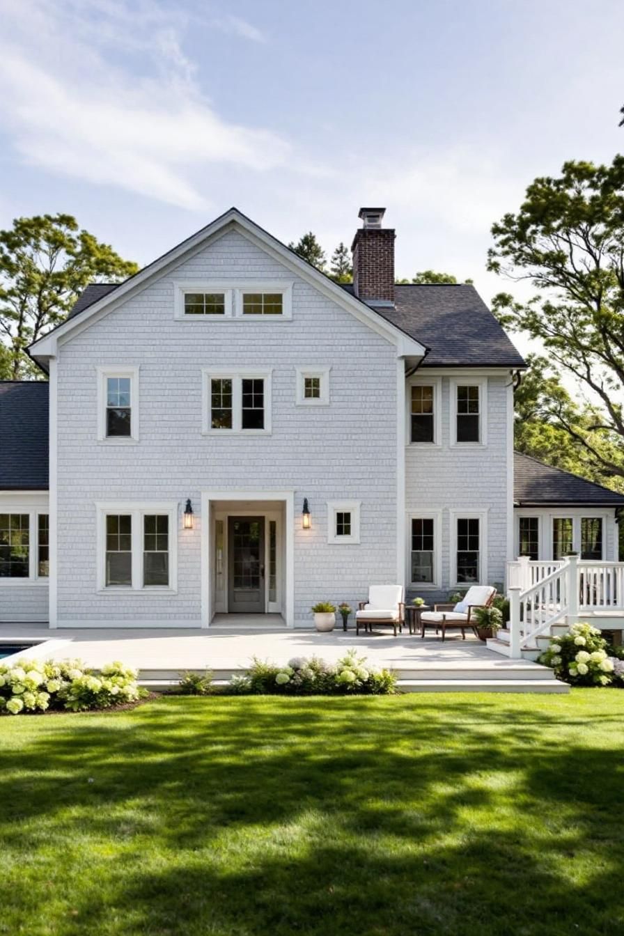 Elegant white house with a patio, surrounded by lush greenery