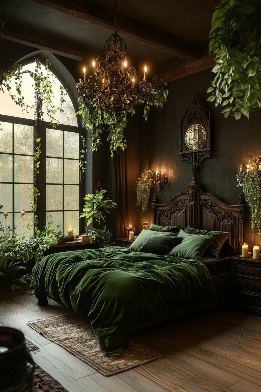 Dark, cozy bedroom with lush greenery and wood accents