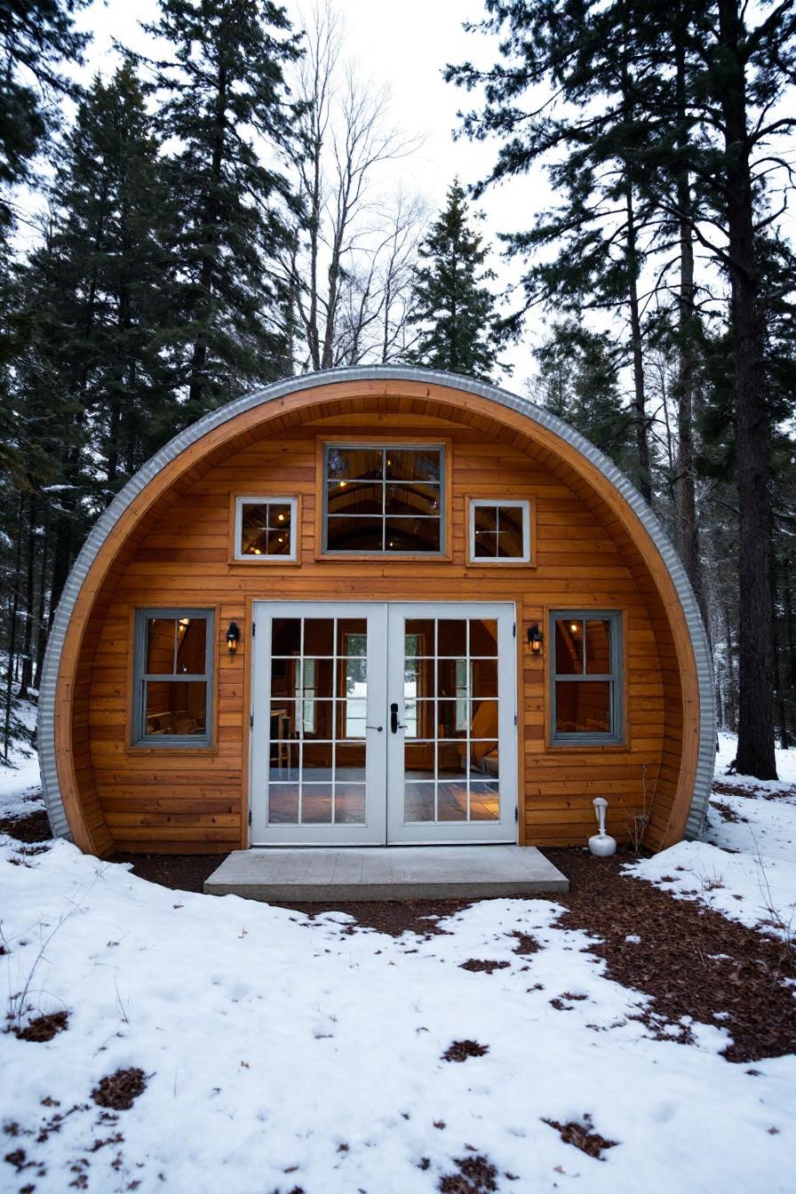 Wooden Quonset hut in a snowy forest