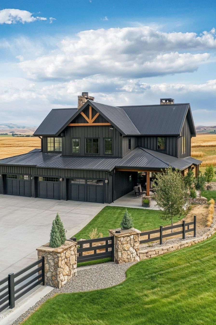 high angle view of a large black shouse barndominium with large side porch large patio and yard stone patio fence large garage doors wide 3