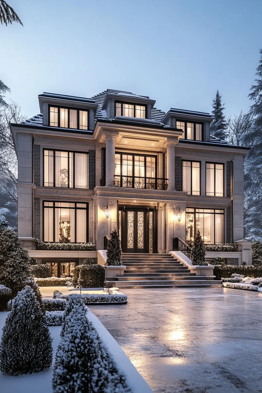 Luxurious house with snowy front yard