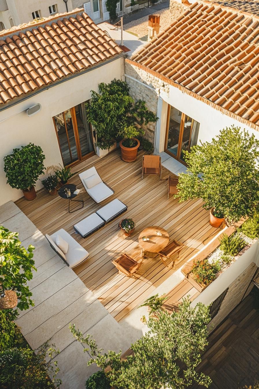 aerial view of a rooftop terrace with wooden deck potted mediterranean plants modern chic garden furniture mediterranean hilly village landscape 1