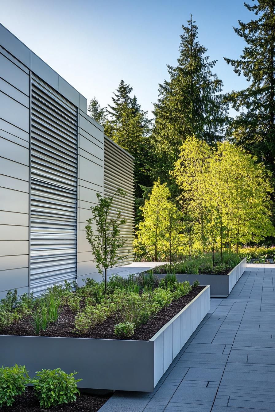 Metallic facade with lush green planters