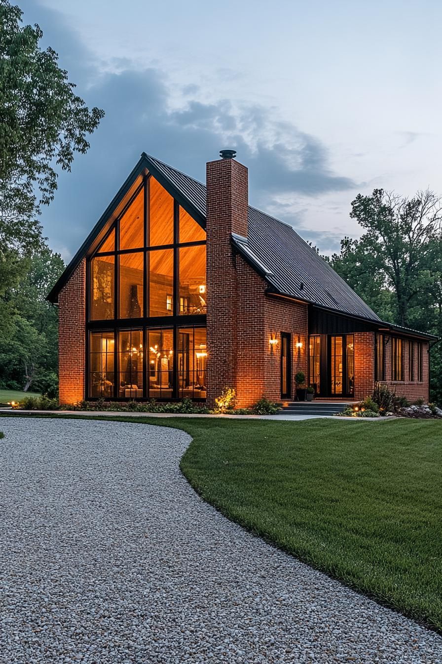 Modern barn house with large glass windows and brick exterior at dusk