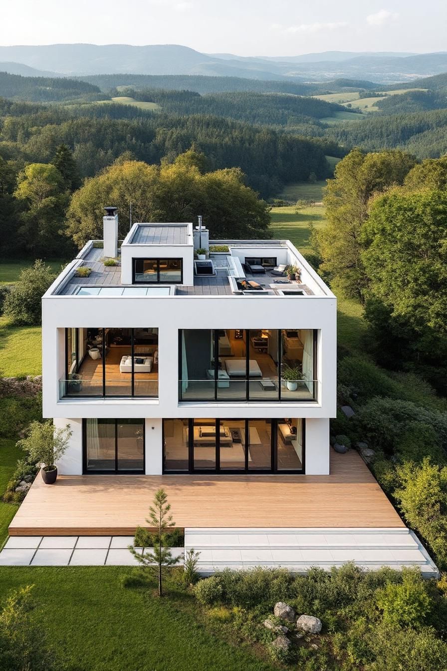 Modern house with large windows and a rooftop terrace