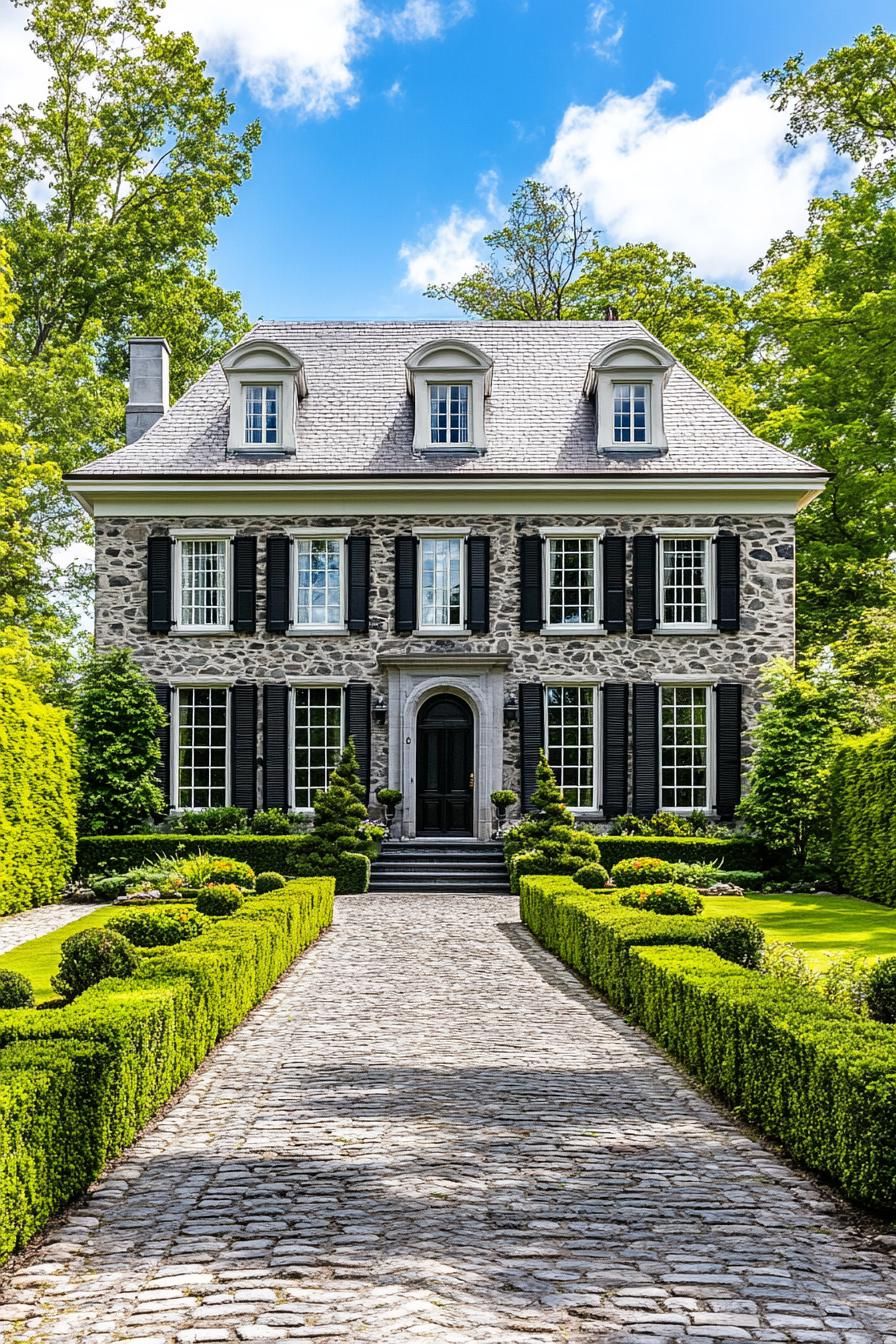 Elegant Georgian home with stone facade and manicured garden