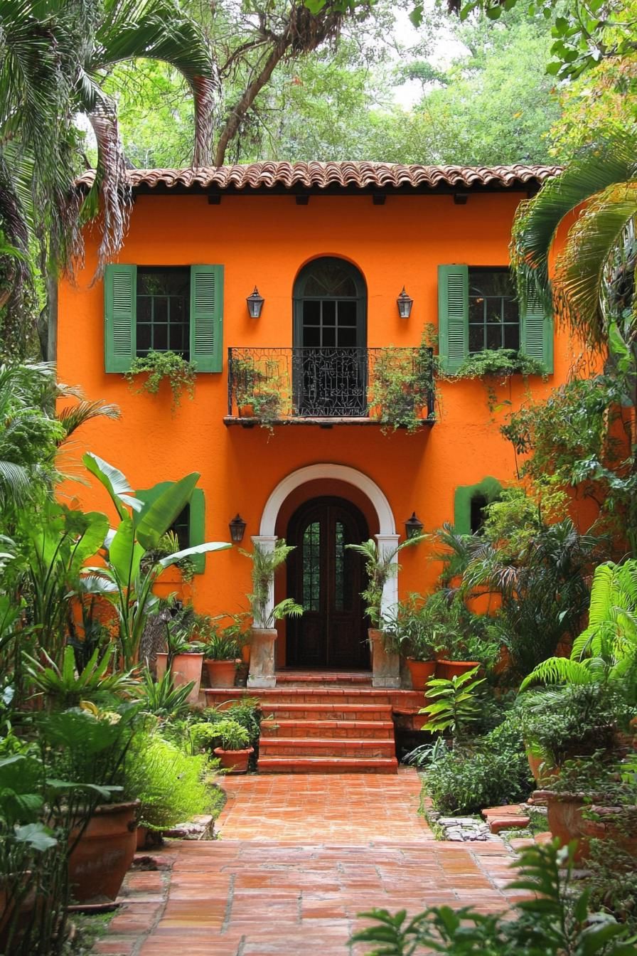 Vibrant orange house with green shutters surrounded by lush greenery