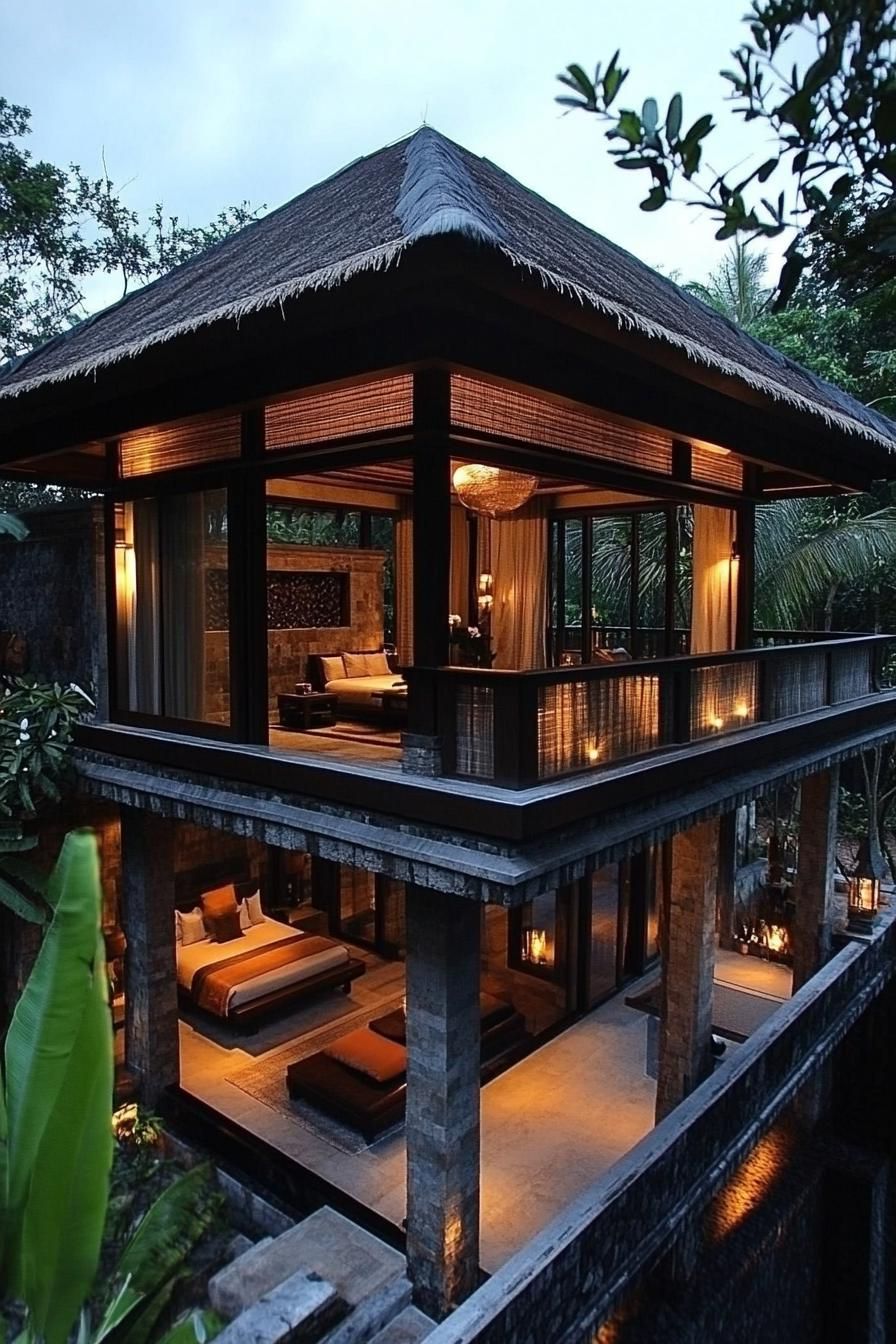 Modern Balinese house with thatched roof and open design