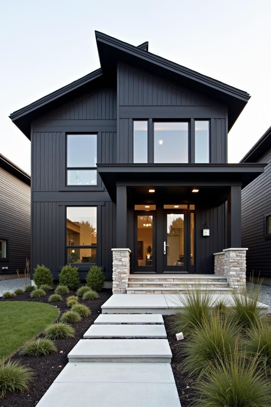 Modern black house with large windows