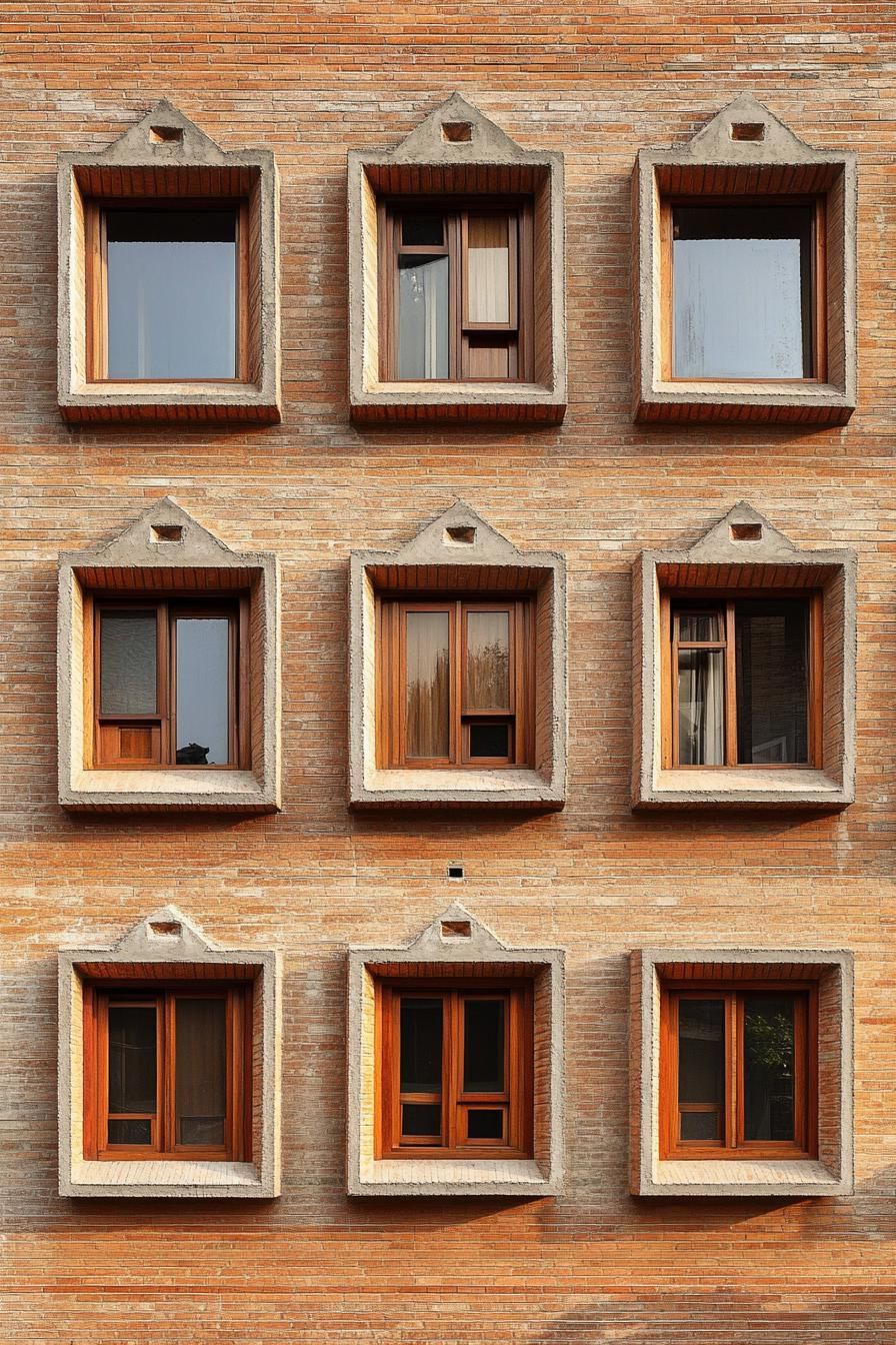 Nine square windows with wood frames on a brick facade