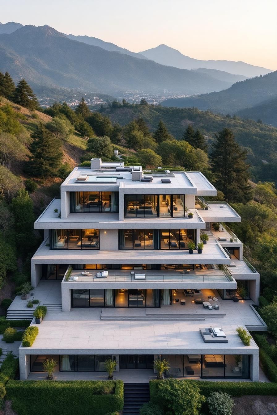 Stacked concrete mansion nestled among lush hills