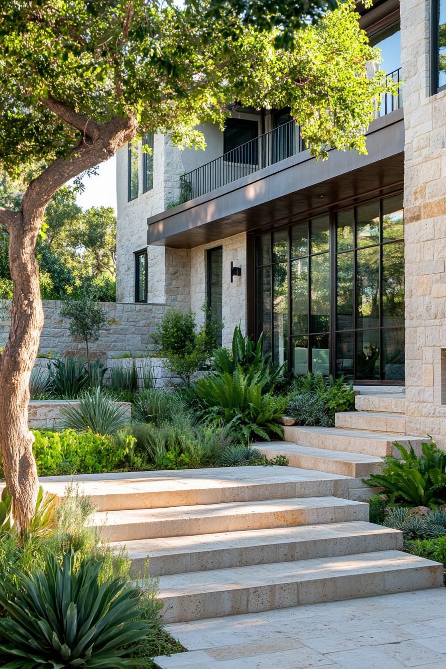 Modern home with large windows surrounded by lush greenery