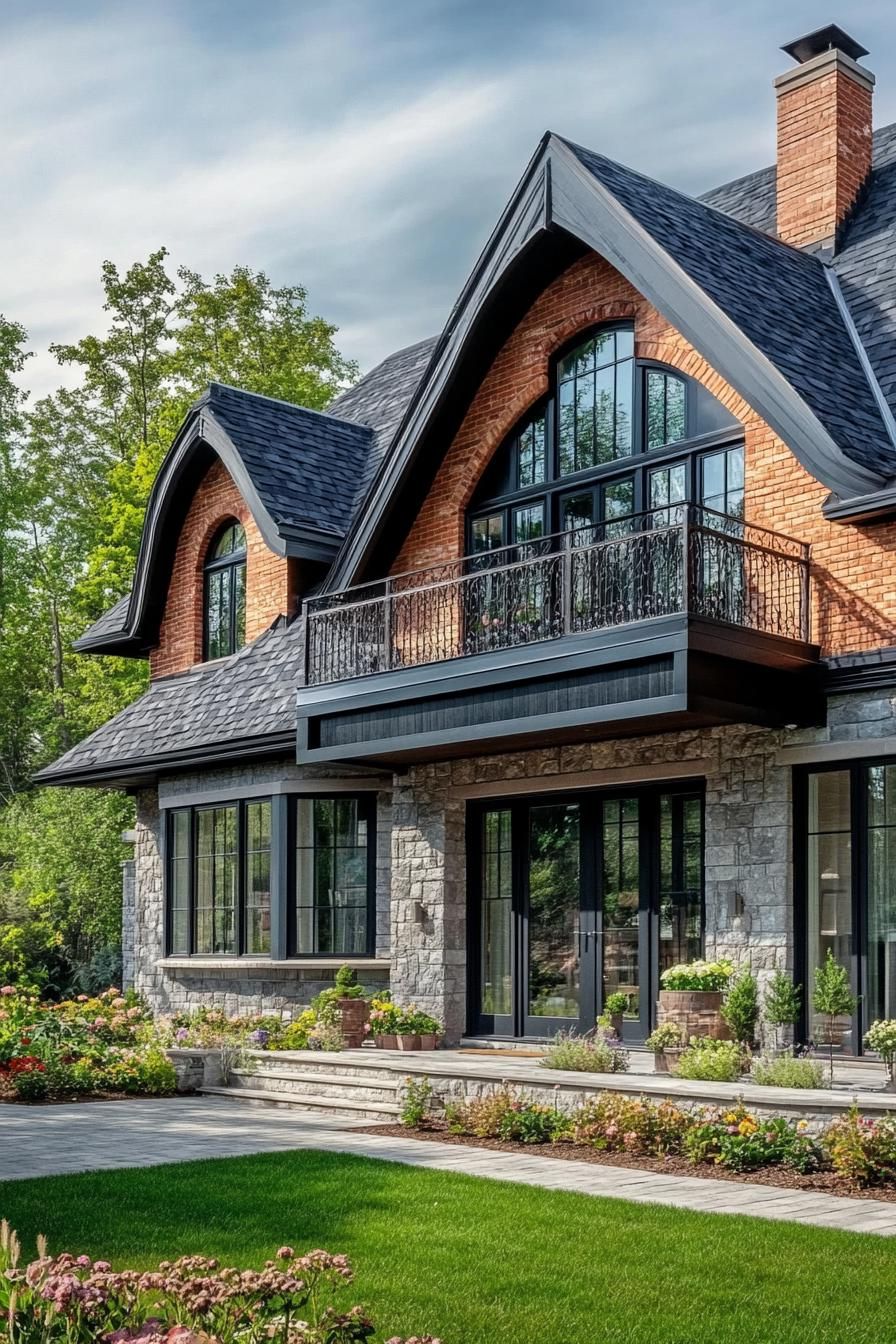 village house with brick and stucco mixed facade large porch and balcony gabled multi pitch black shingle roof modern windows large paved front 2