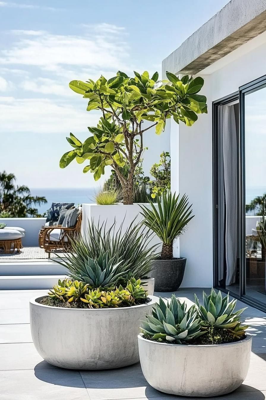 moder rooftop terrace of white villa concrete planters with succulents and leafy plants concrete paved terrace sliding door to living area 1