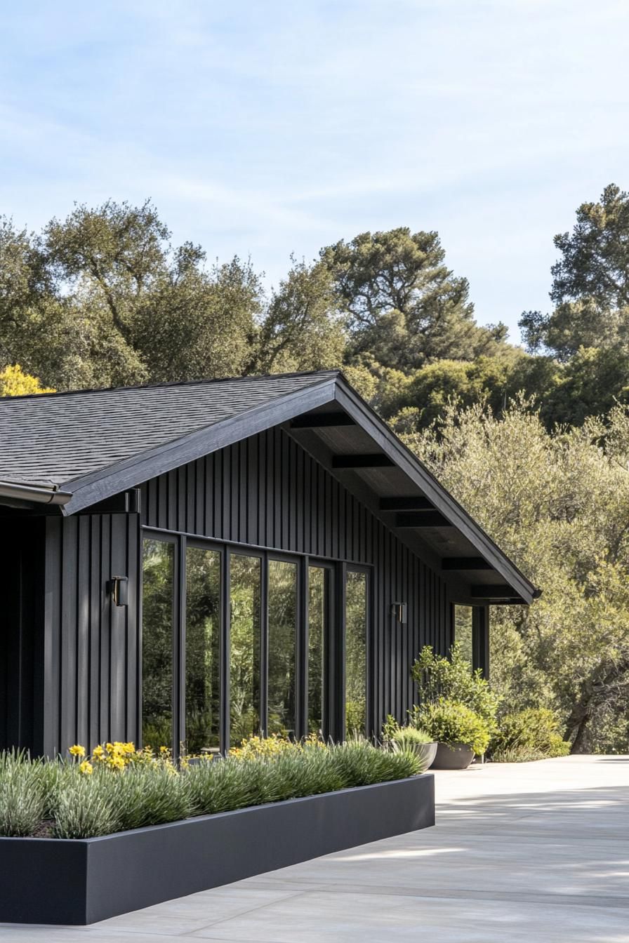 Sleek black house with large windows in lush surroundings