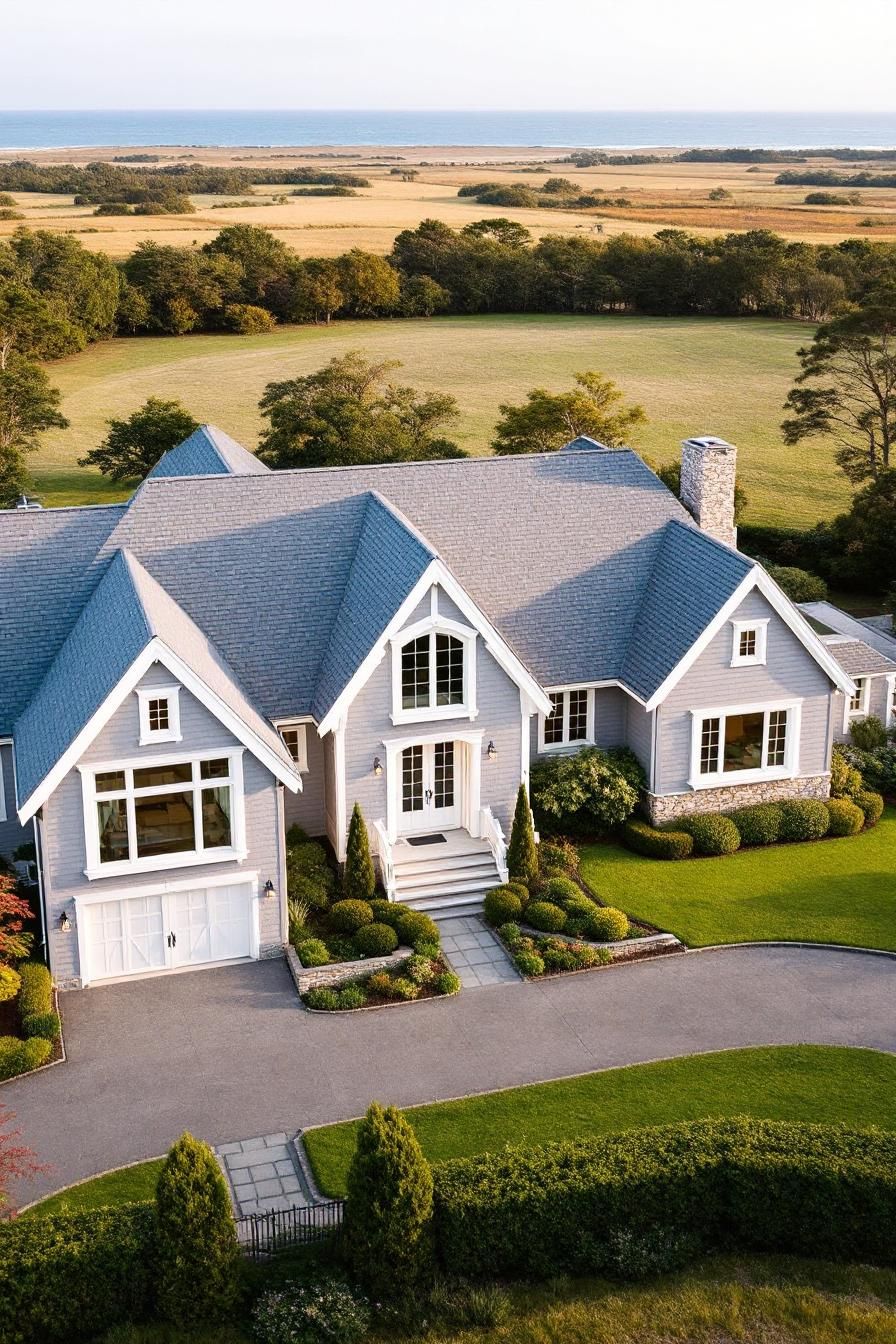 Large coastal house with white trim and lush landscape