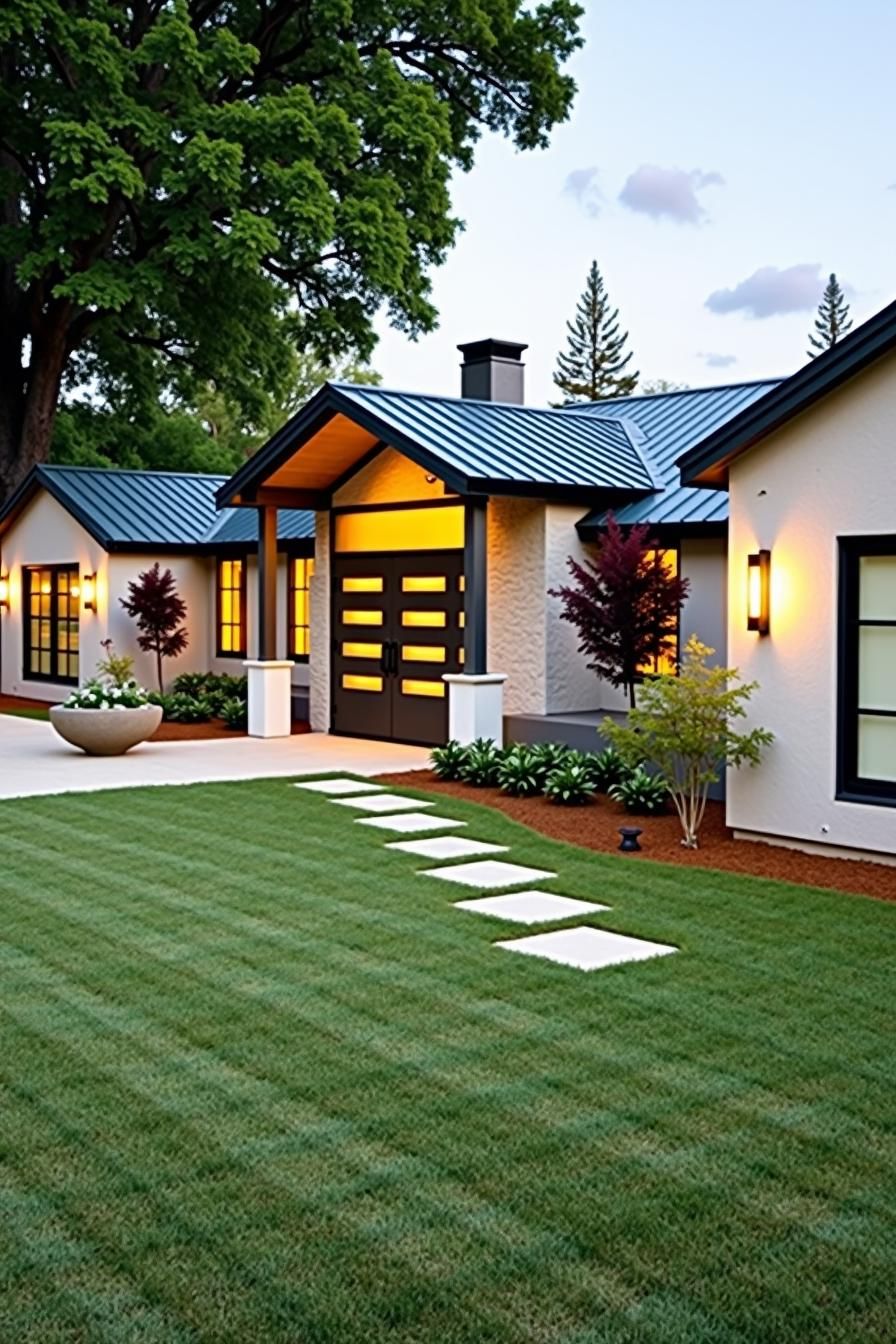 Front view of a modern ranch-style house with a sleek design