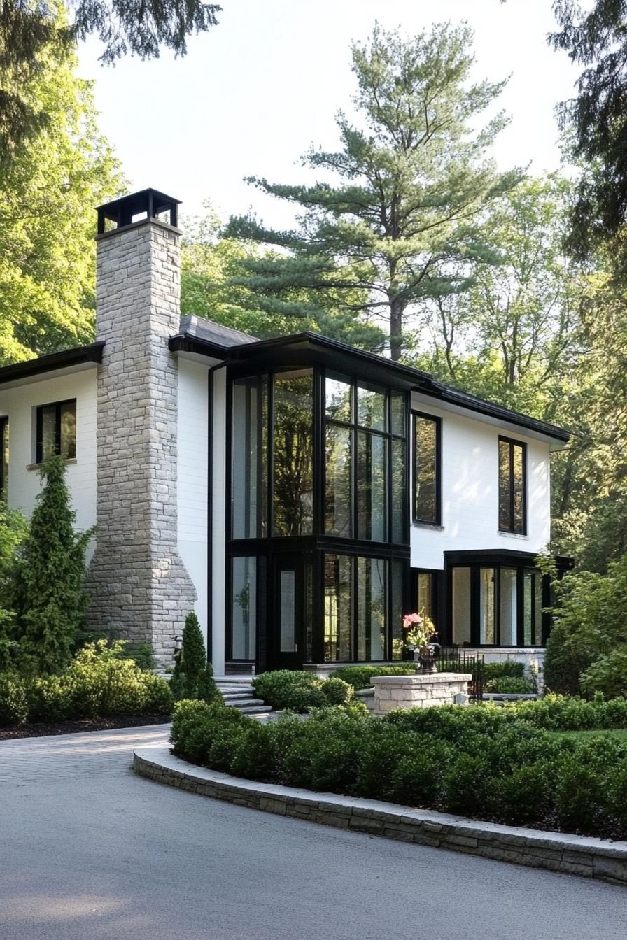 A pristine white house with prominent black trim surrounded by greenery