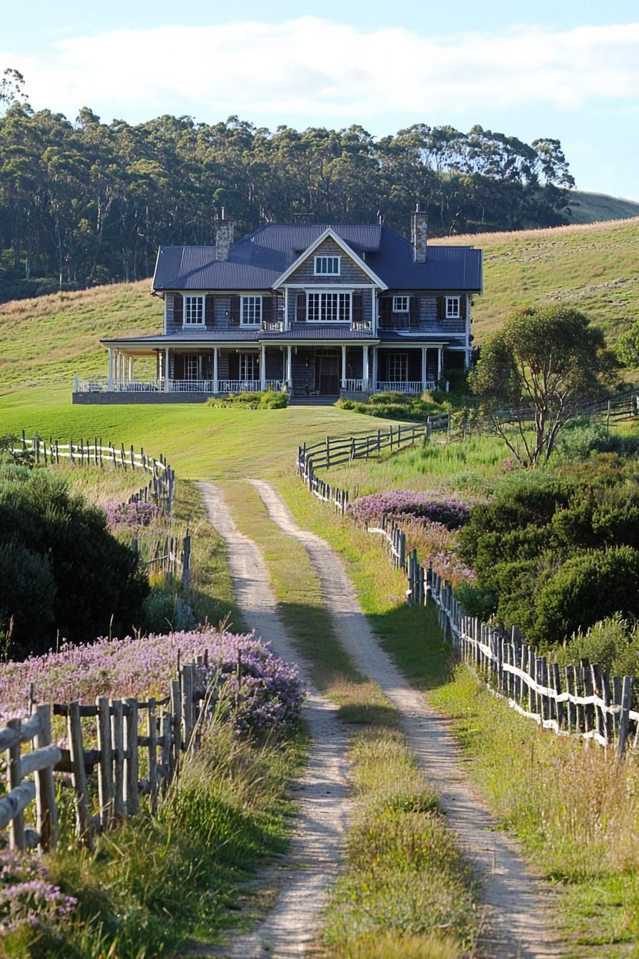 Farmhouse with wraparound porch on a hill