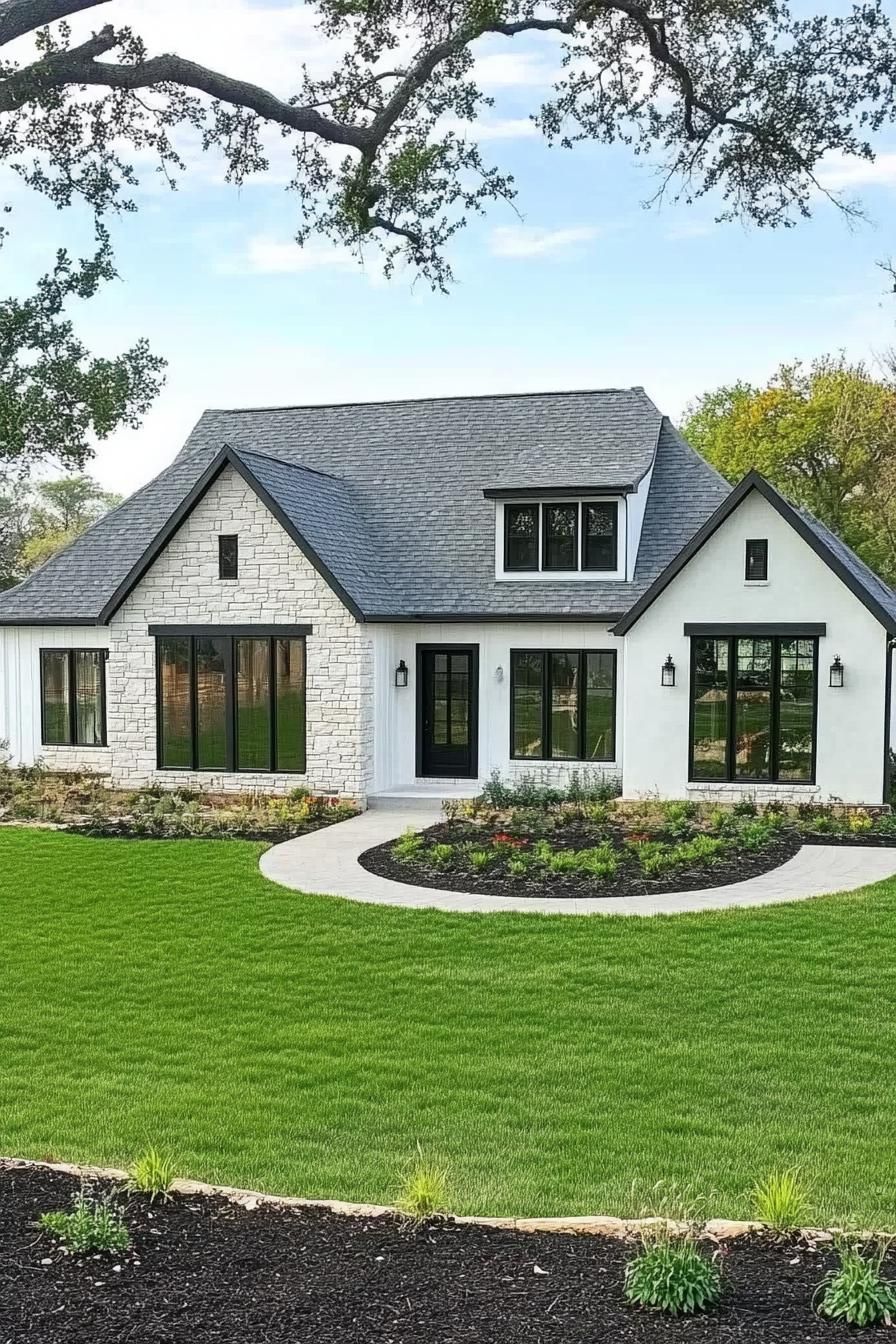 Cozy single-story house with manicured lawn and walkway