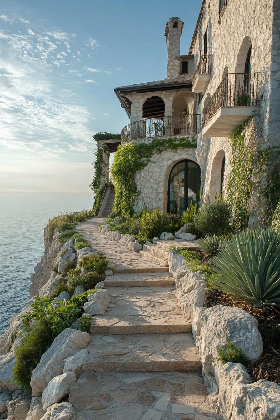 italian cliff villa with stone paved path with steps boulder borders with native plants stone facade with arches stunning sea view