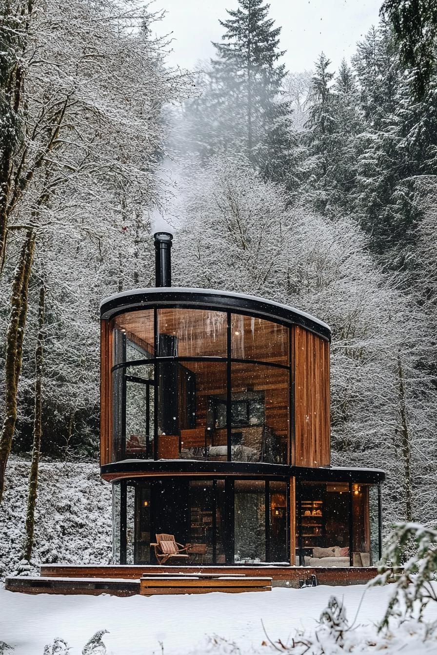 modern tiny cylinder house with reclaimed wood siding glass walls in snowed in forest clearing