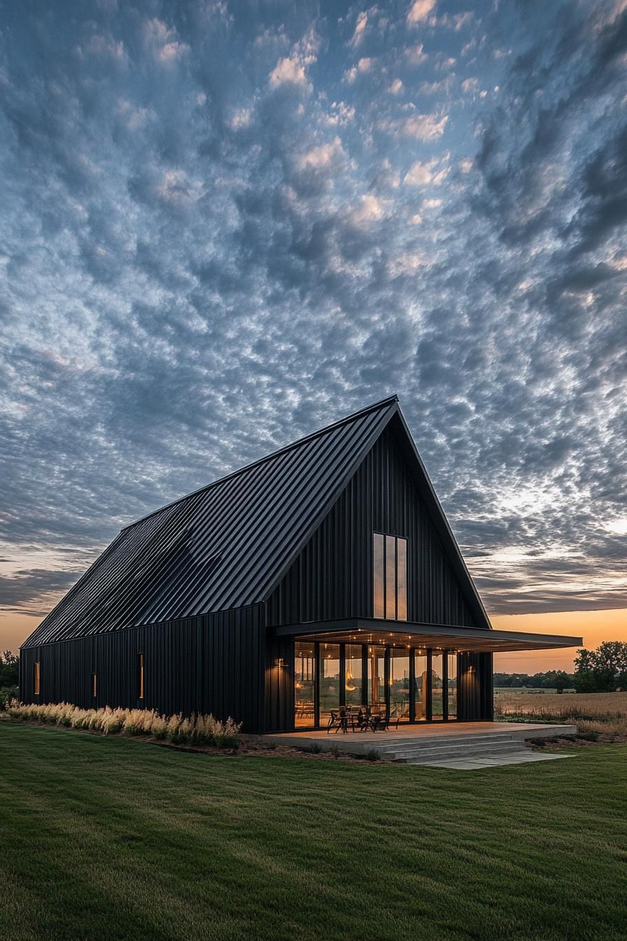 Modern barn-style home at sunset