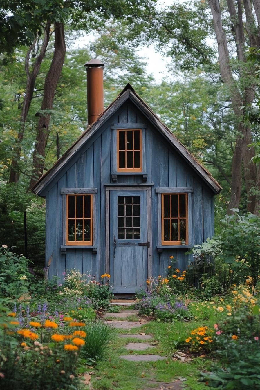 Quaint blue cabin nestled in a lush garden