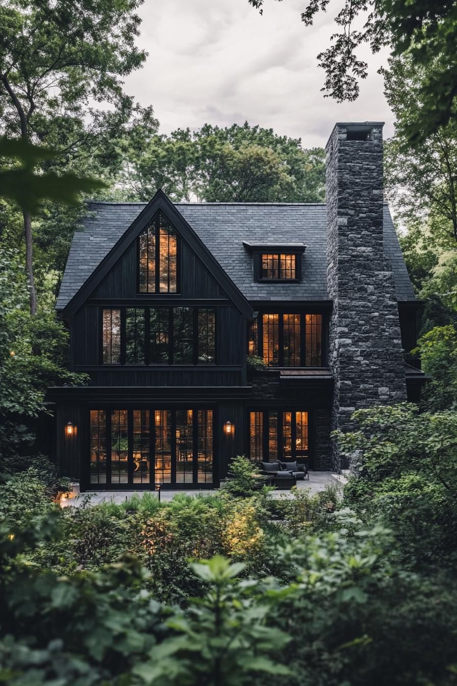 Dark cottage nestled in a lush forest setting