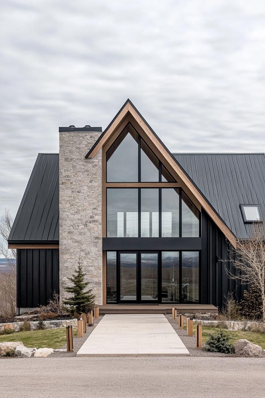 Modern barndominium with a stone chimney and large glass windows