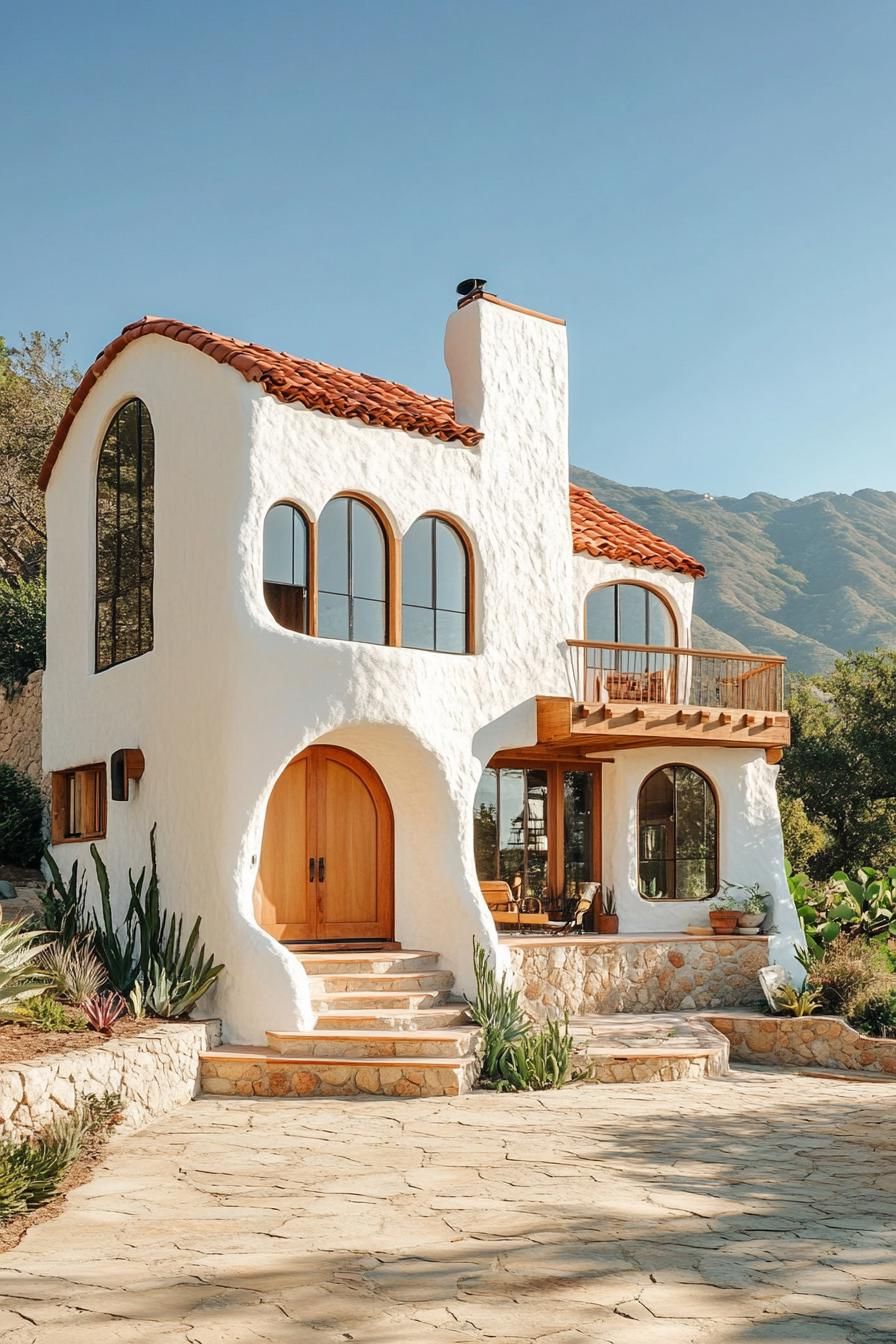 Bright white house with wooden details and arch windows