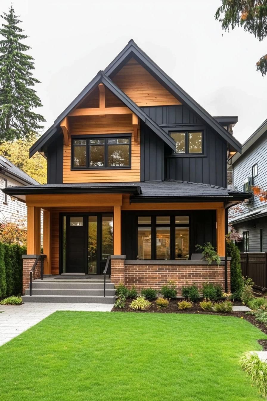 modern cottage with blakc horizontal siding natural wood details and exposed beams porch with brick foundation and black railings v 6.1