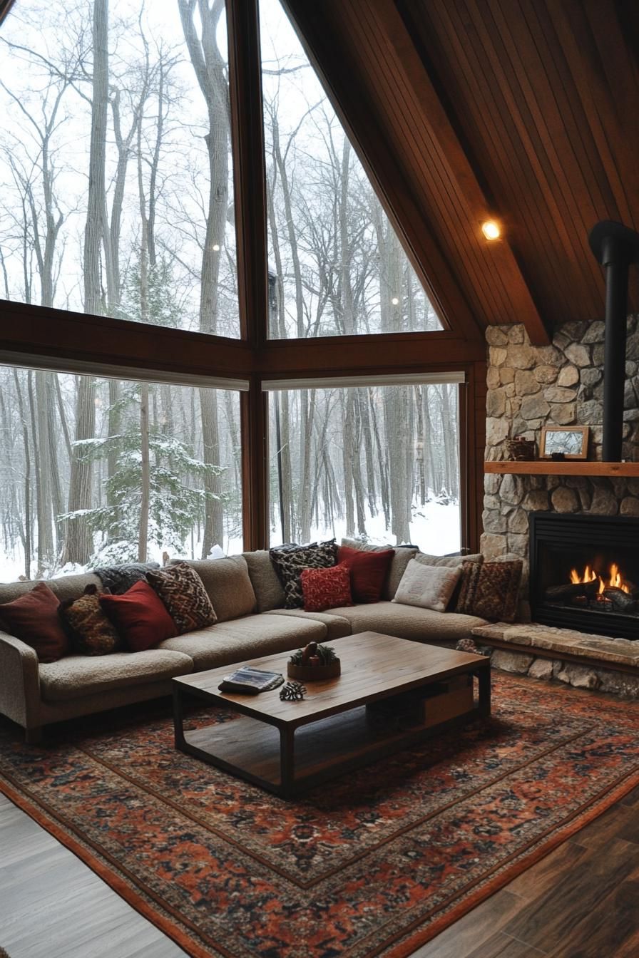 interior of a frame cabin in the woods it has full wall windows stone fireplace lofted area with railings living area with sectional sofa with 2