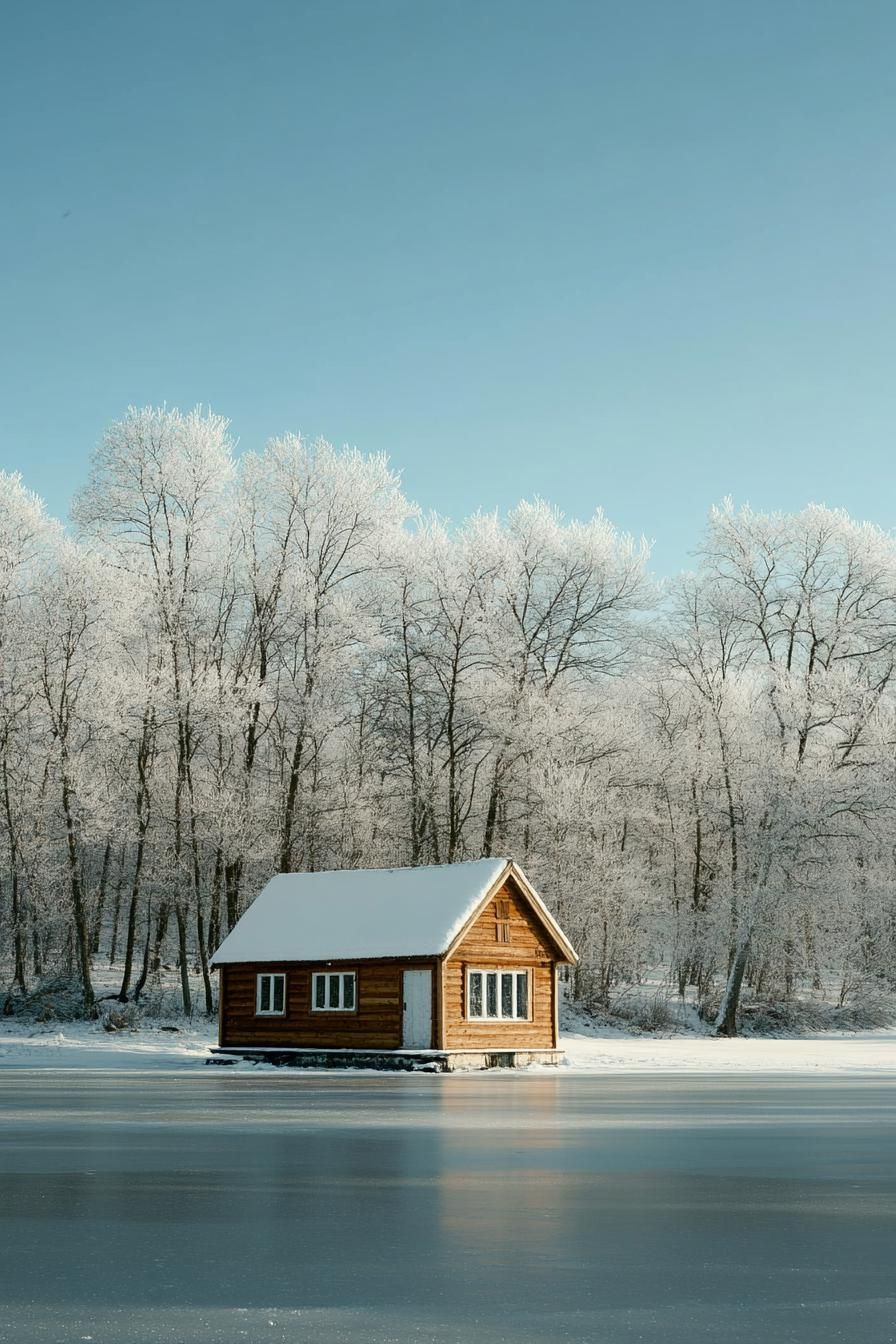 tiny cabin on a frozen lake surrouneded with crips white snowed in trees 2