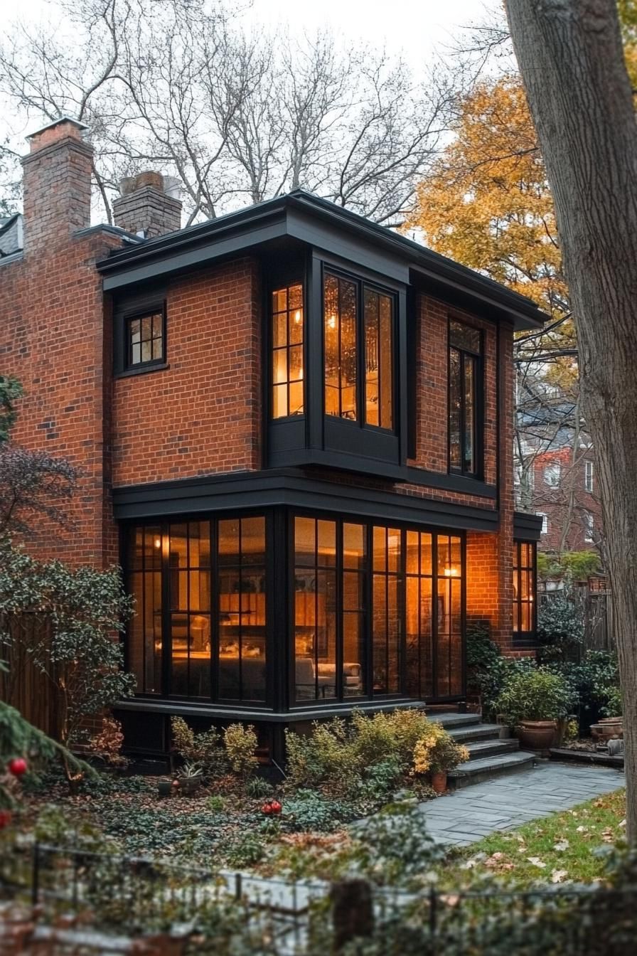 Two-story brick house with large windows and warm lighting