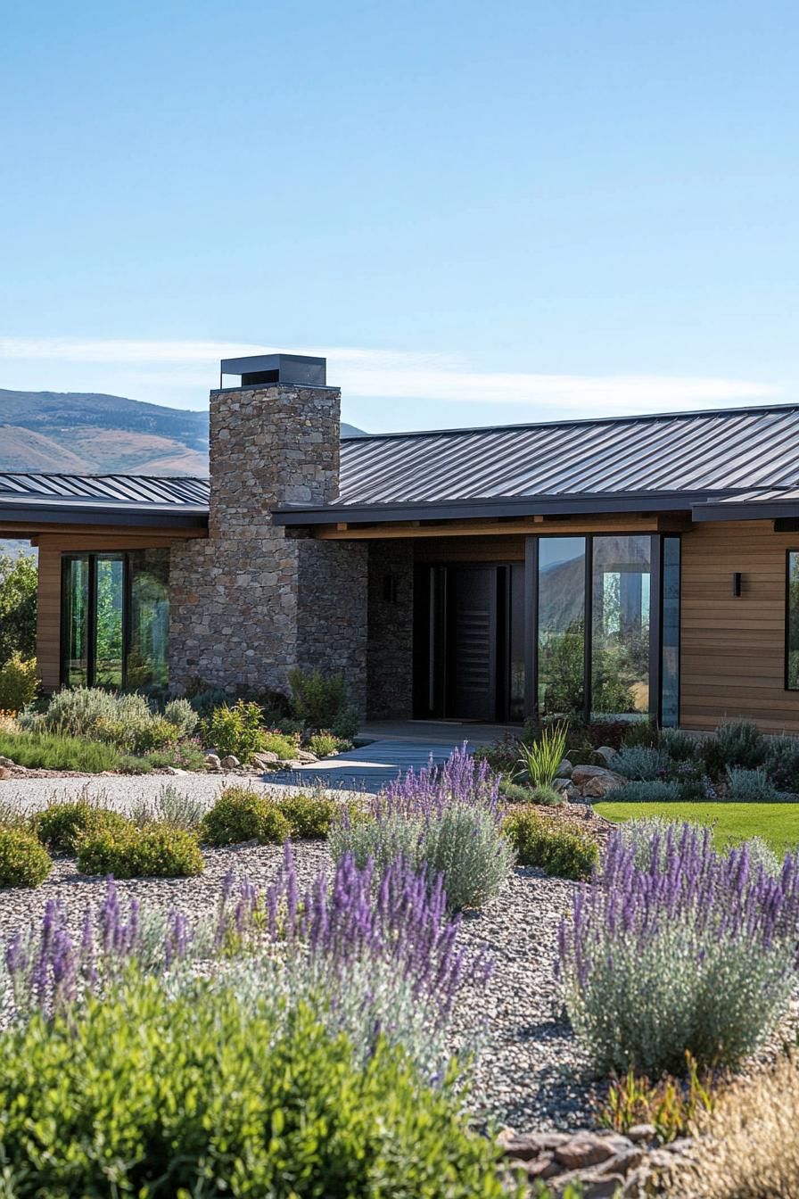 Modern ranch home with stone chimney and garden