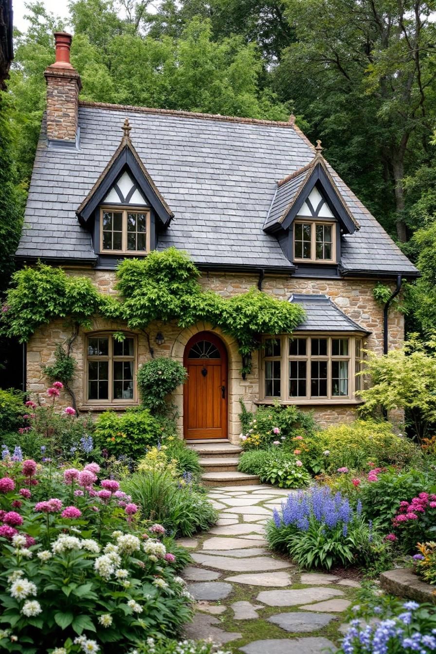 Stone cottage with flower-adorned pathway