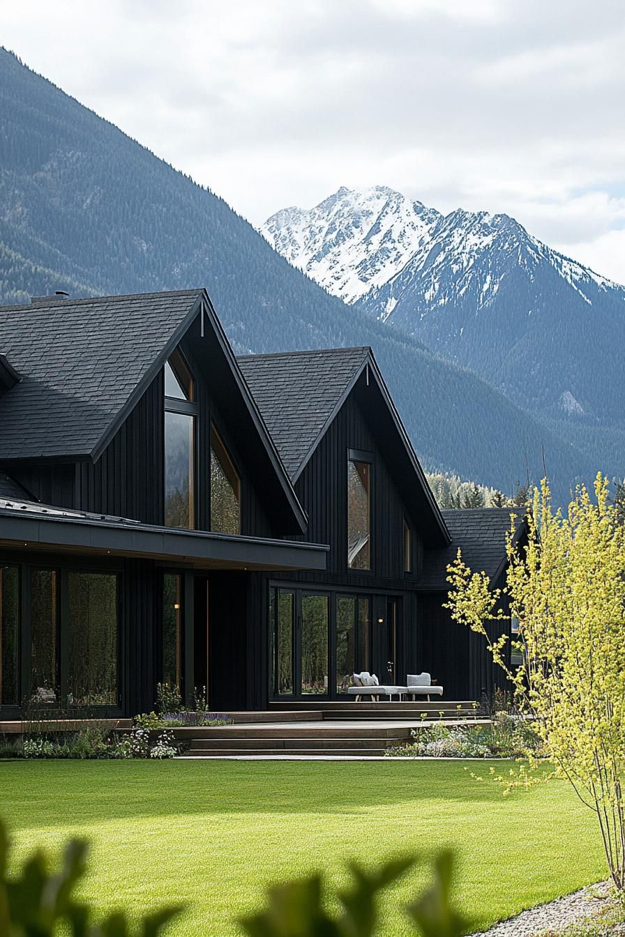 Chic black house with triangular roofs and mountains in the background