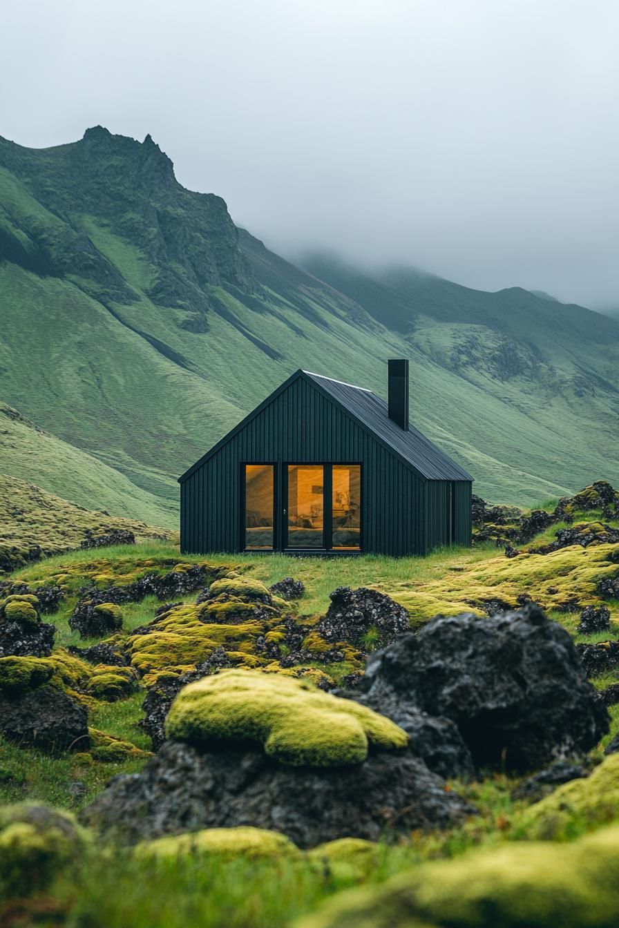 Cozy cabin nestled amidst mossy rocks and misty mountains