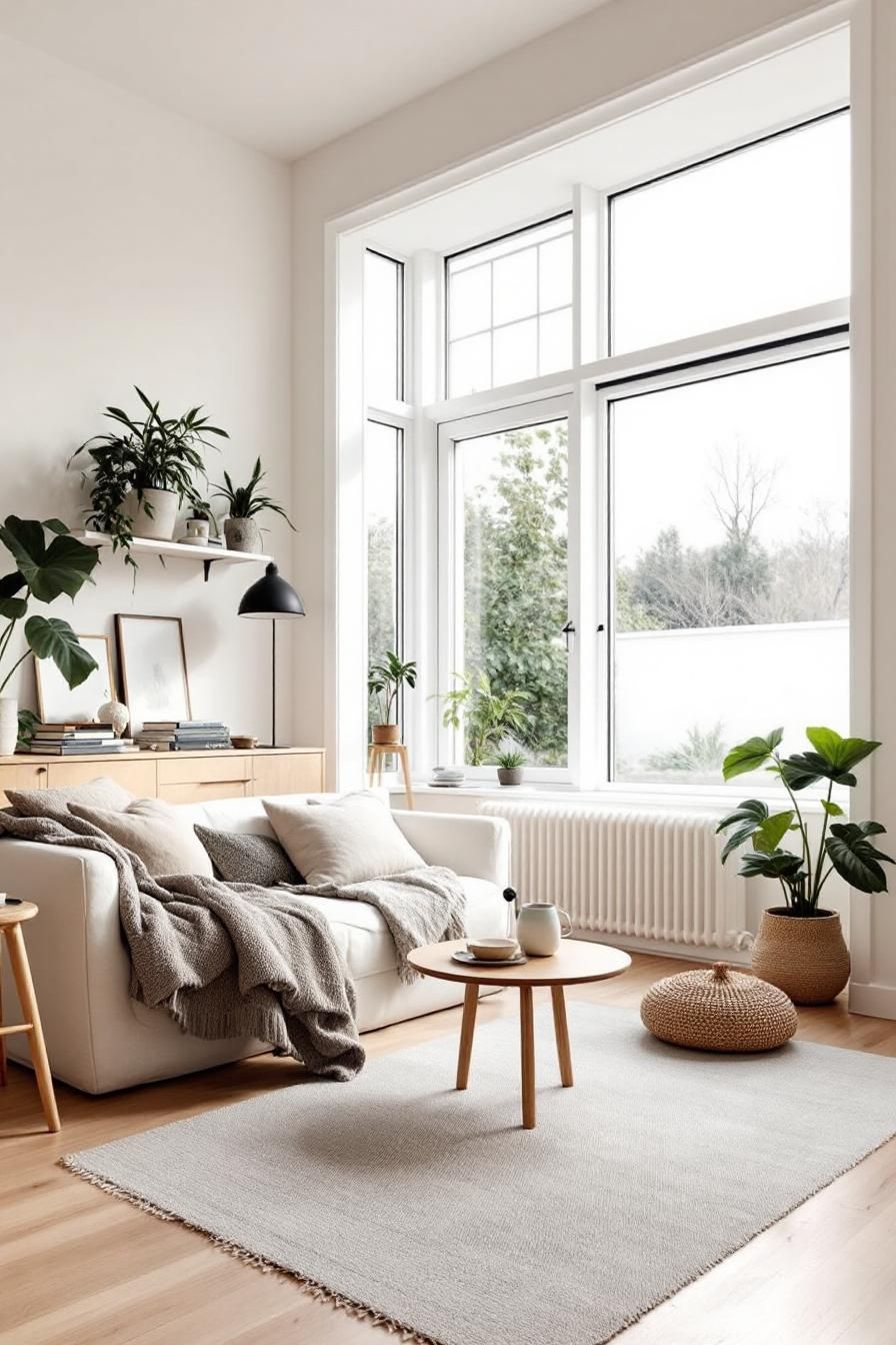 Cozy living room with large windows and lush greenery