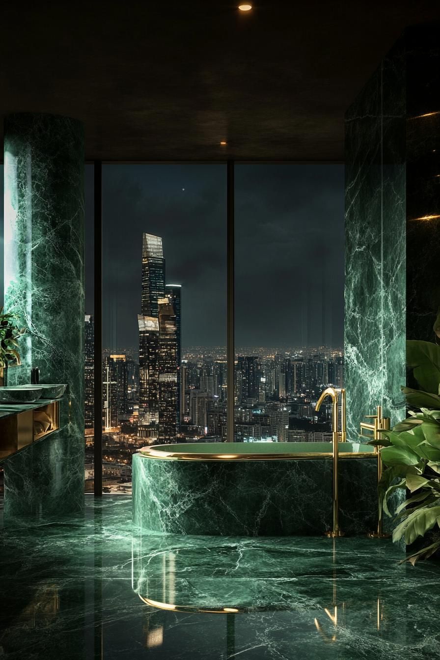 Luxurious green bathroom with city skyline view