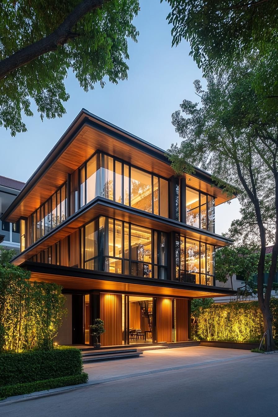 Modern three-story house with glass walls and warm lighting