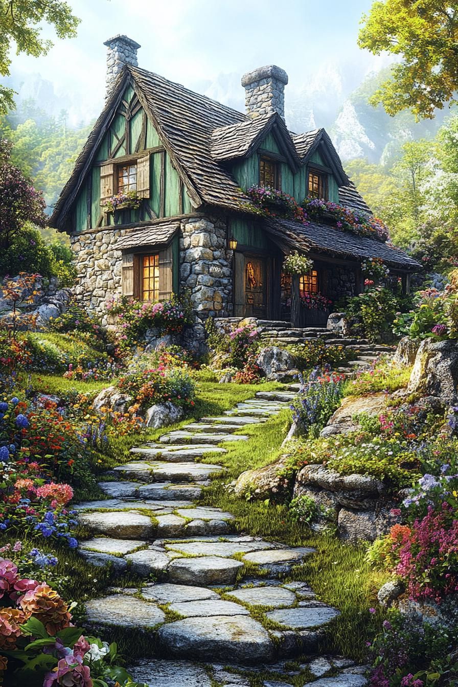 Charming stone cottage with lush garden path