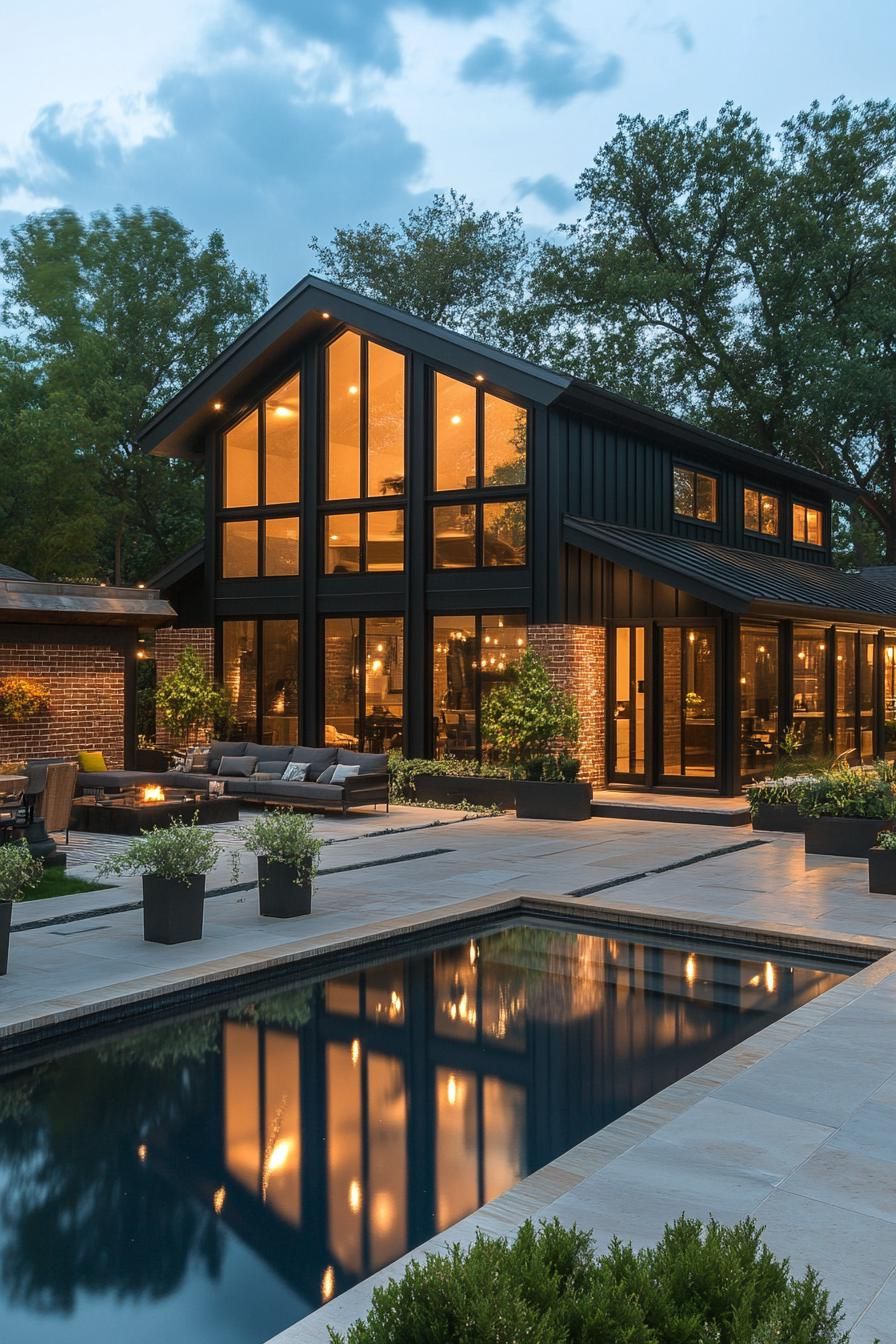 Contemporary home with large windows and a swimming pool