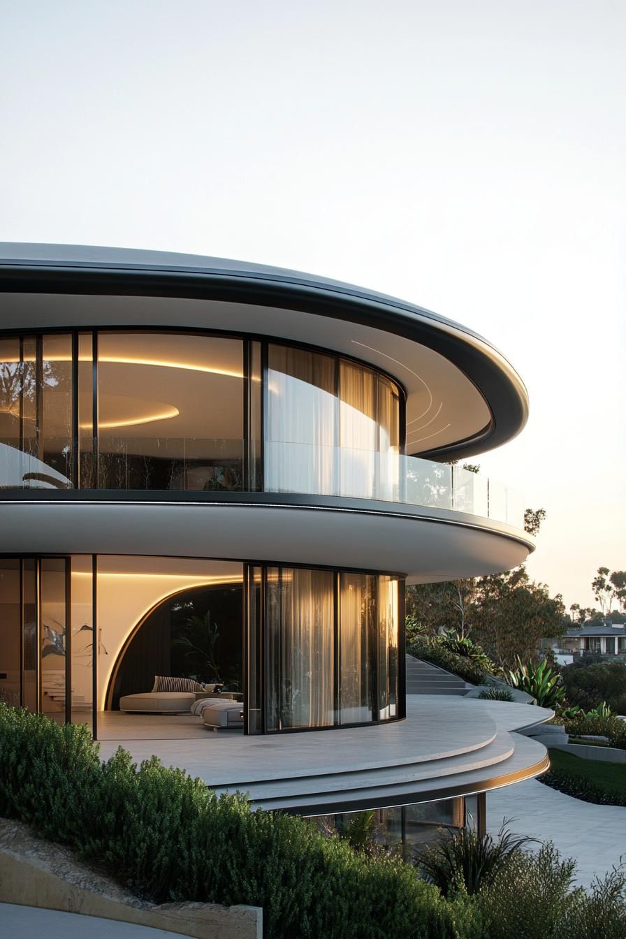 Sleek modern circular home with large windows and layered design