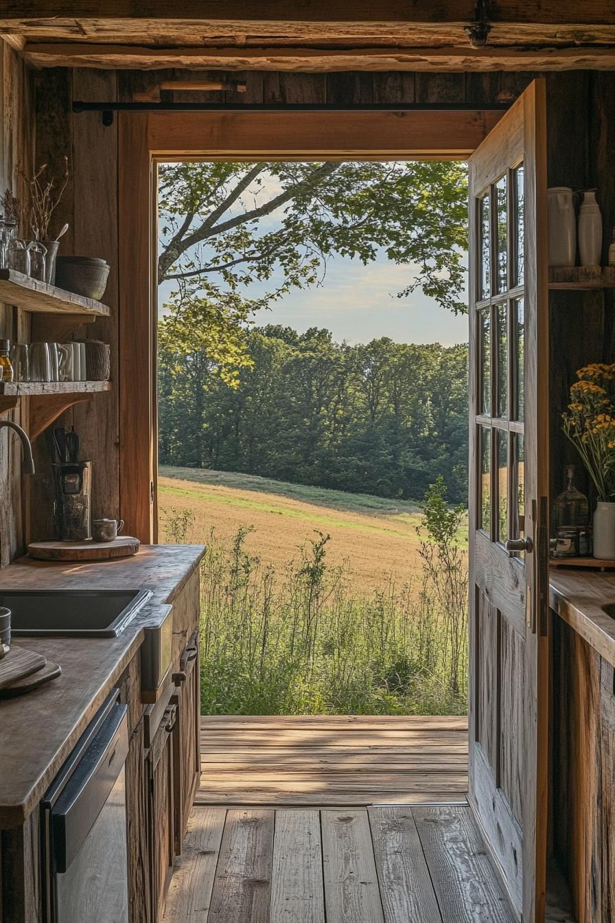 Cabin interior with wooden decor and pastoral view